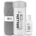 EyeAm Brillenbad Set in Grau: Brillenbad, 50 ml Spezialreiniger und Mikrofasertuch 40 × 40 cm.