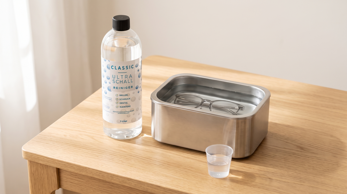 EyeAm Classic Ultraschallreiniger Konzentrat neben einem Ultraschallgerät, in dem eine Brille im Wasser liegt, daneben ein Messbecher