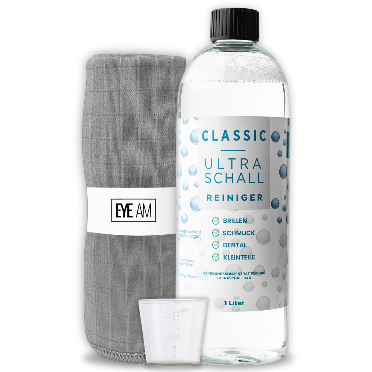 EyeAm Classic Ultraschallreiniger Konzentrat mit Messbecher für Brillen und Schmuck.
