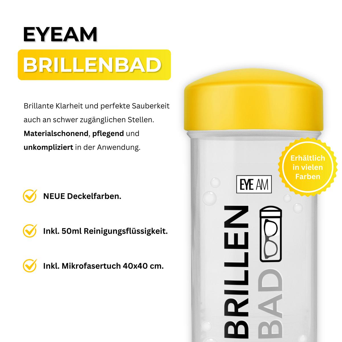 Das EyeAm Brillenbad Set in Gelb mit Brillenbad, Spezialreiniger und Mikrofasertuch, geeignet für Brillengläser aus Kunststoff und Glas.