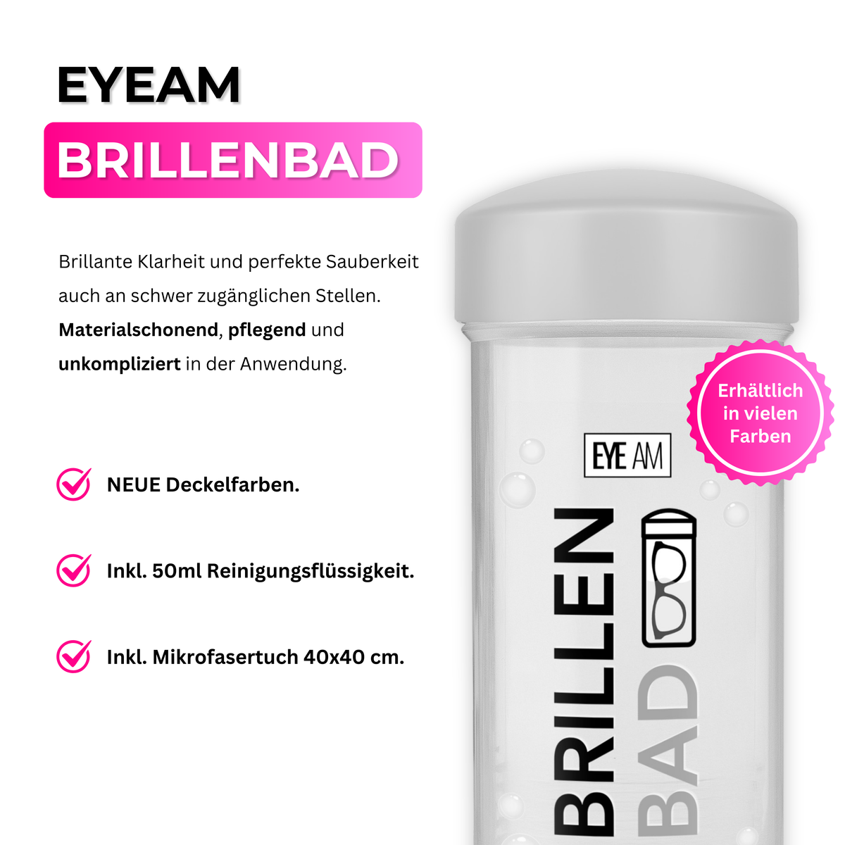 Das EyeAm Brillenbad Set in Grau mit Brillenbad, Spezialreiniger und Mikrofasertuch, geeignet für Brillengläser aus Kunststoff und Glas.