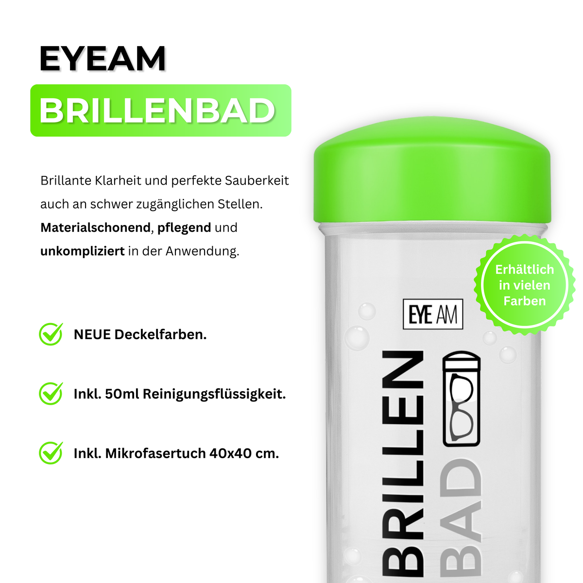 Das EyeAm Brillenbad Set in Grün mit Brillenbad, Spezialreiniger und Mikrofasertuch, geeignet für Brillengläser aus Kunststoff und Glas.