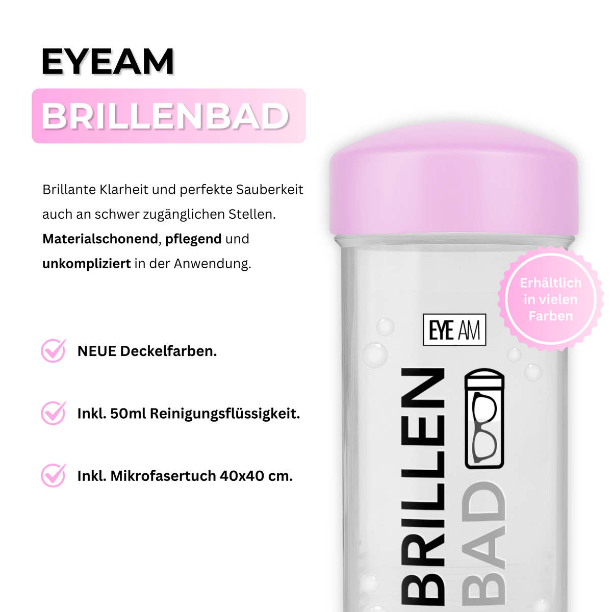 Das EyeAm Brillenbad Set in Rosa mit Brillenbad, Spezialreiniger und Mikrofasertuch, geeignet für Brillengläser aus Kunststoff und Glas.