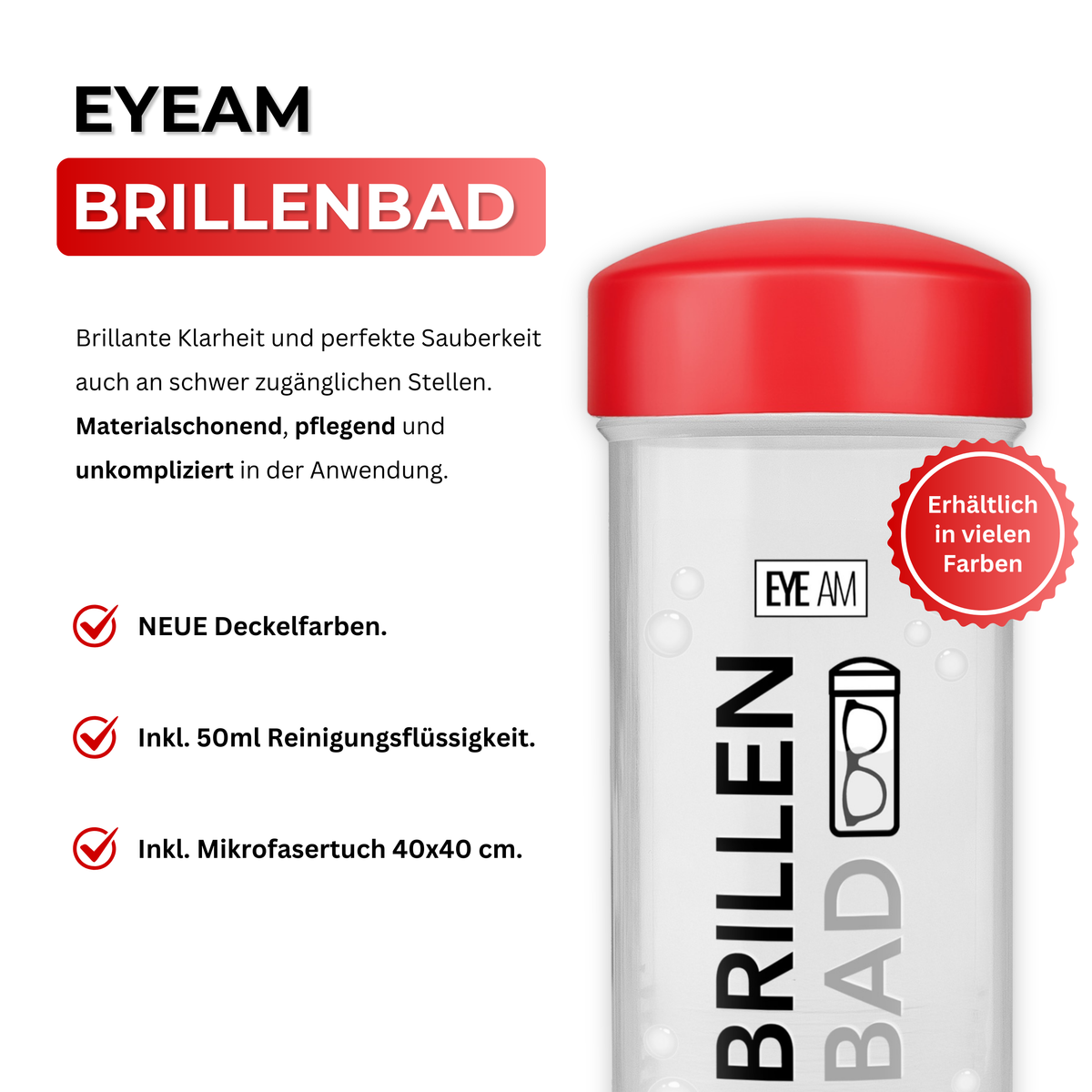 Das EyeAm Brillenbad Set in Rot mit Brillenbad, Spezialreiniger und Mikrofasertuch, geeignet für Brillengläser aus Kunststoff und Glas.