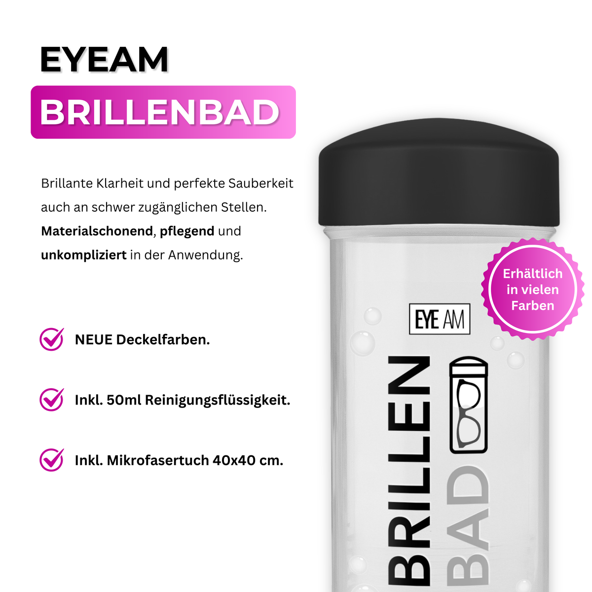 Das EyeAm Brillenbad Set in Schwarz mit Brillenbad, Spezialreiniger und Mikrofasertuch, geeignet für Brillengläser aus Kunststoff und Glas.