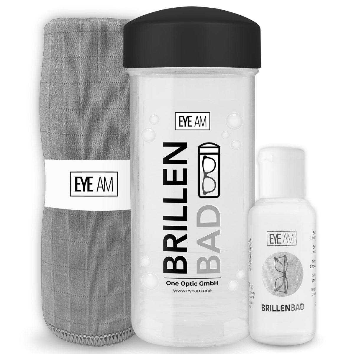 EyeAm Brillenbad Set in Schwarz: Brillenbad, 50 ml Spezialreiniger und Mikrofasertuch 40 × 40 cm.