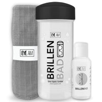 EyeAm Brillenbad Set in Schwarz: Brillenbad, 50 ml Spezialreiniger und Mikrofasertuch 40 × 40 cm.