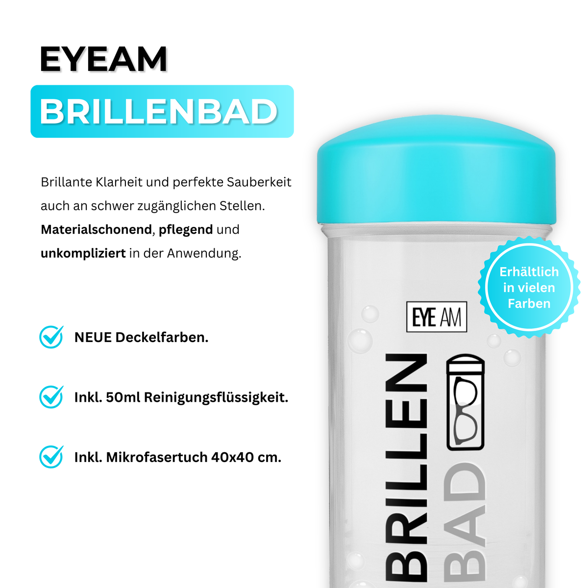 Das EyeAm Brillenbad Set in Türkis mit Brillenbad, Spezialreiniger und Mikrofasertuch, geeignet für Brillengläser aus Kunststoff und Glas.