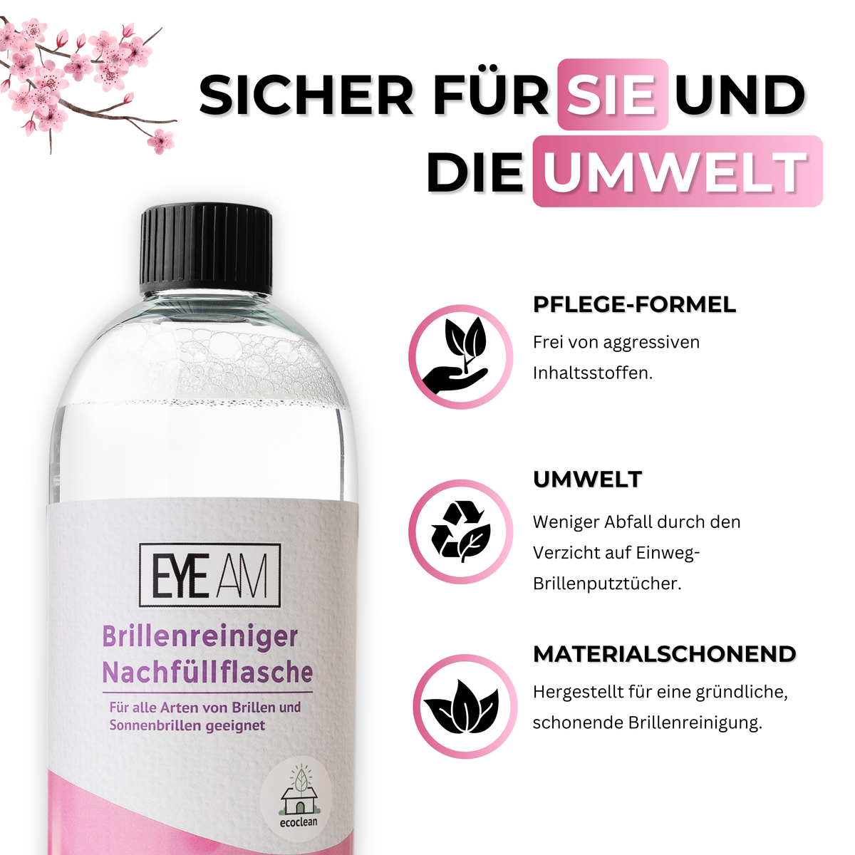 EyeAm Brillenreiniger Nachfüllflasche 750 ml, nachhaltig und umweltfreundlich, Pflege-Formel, materialschonend