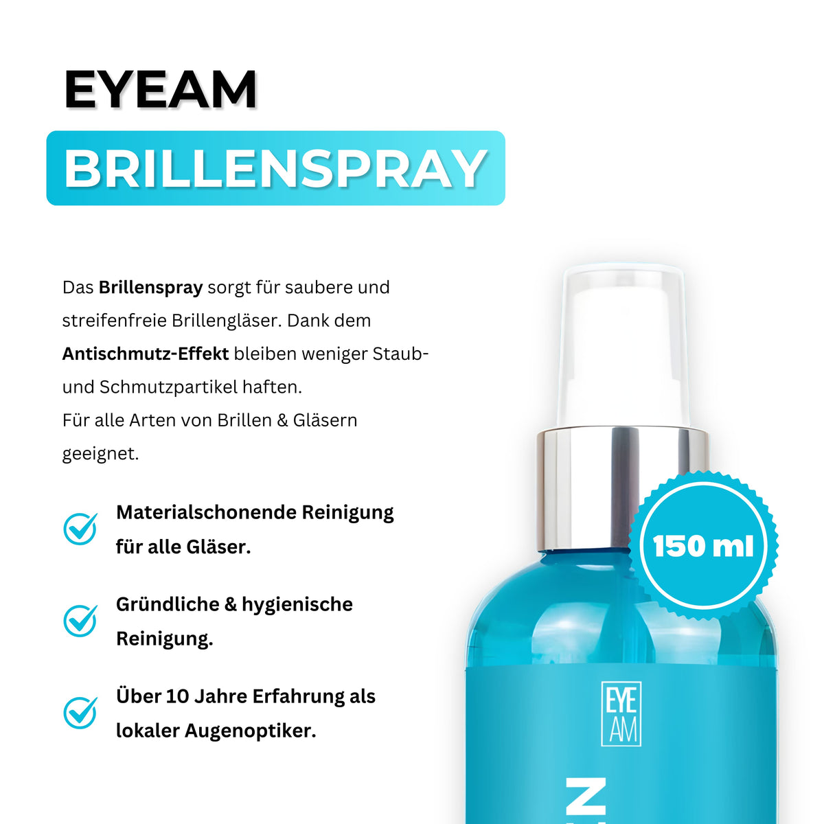Das EyeAm Brillenspray entfernt Fett, Staub und Fingerabdrücke gründlich und schonend. Für Glas- und Kunststoffgläser geeignet, streifenfrei, schnell und effektiv.