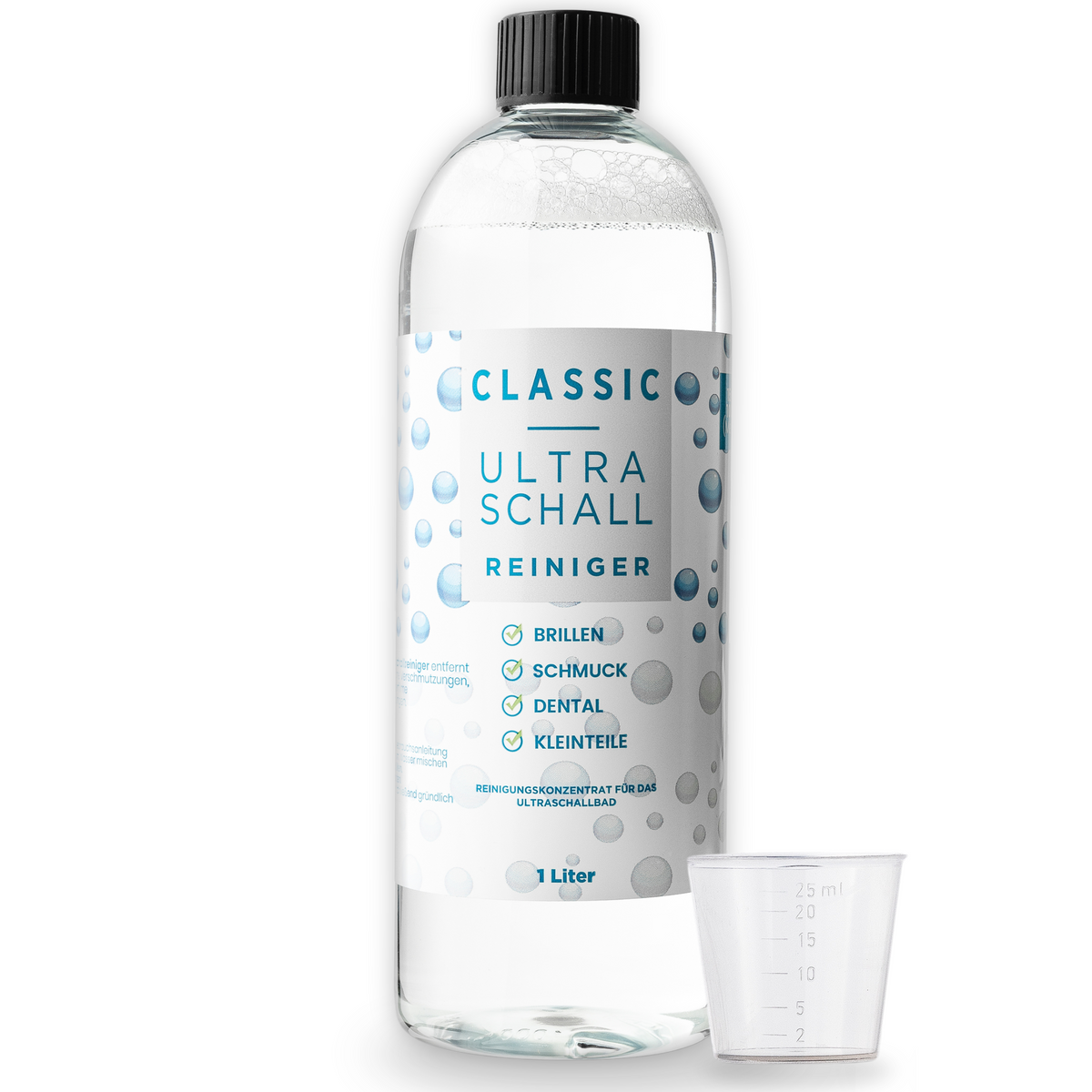EyeAm Classic Ultraschallreiniger Konzentrat mit Messbecher.