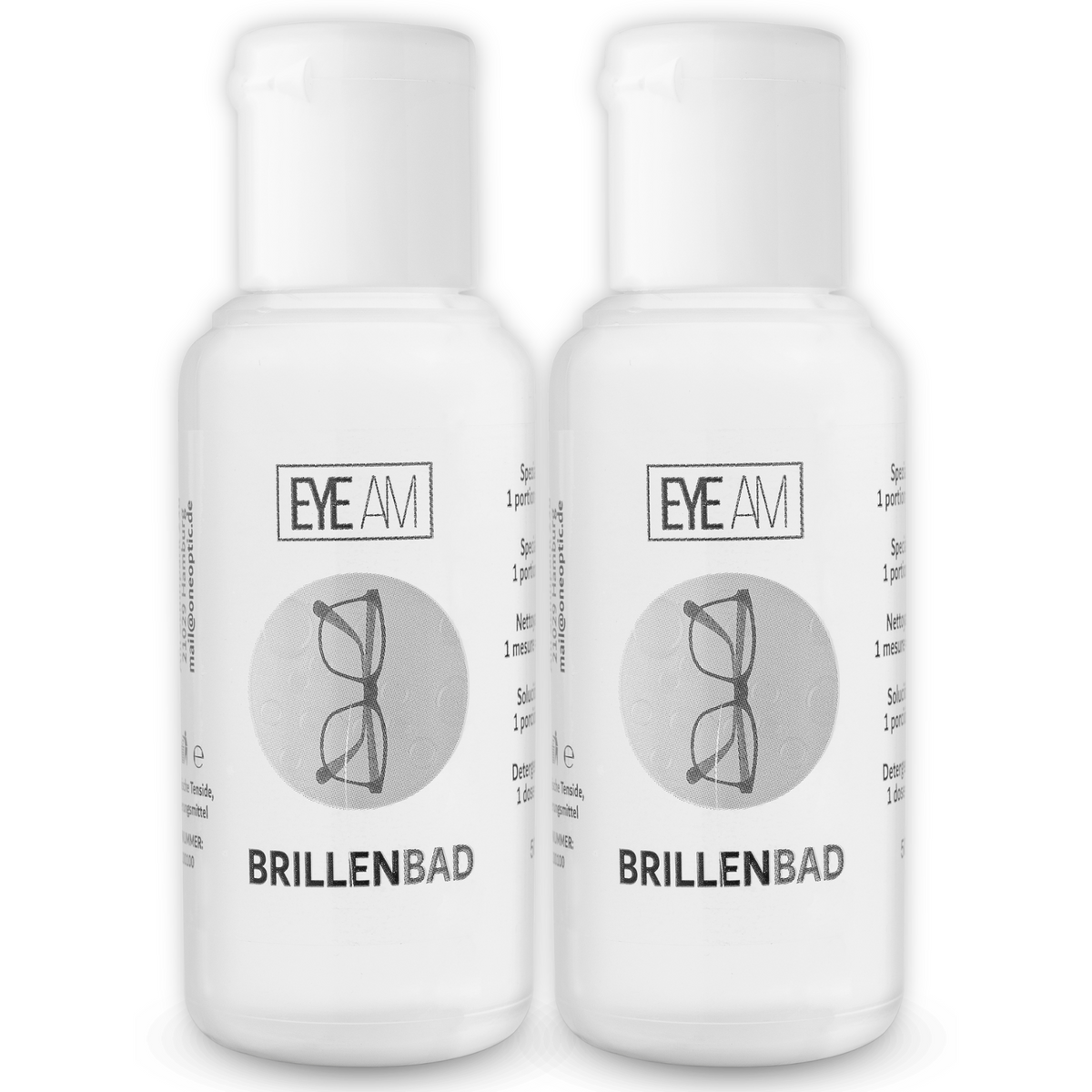 Zwei Flaschen EyeAm Spezialreiniger mit je 50 ml als Set, geeignet für alle gängigen Brillenbäder.