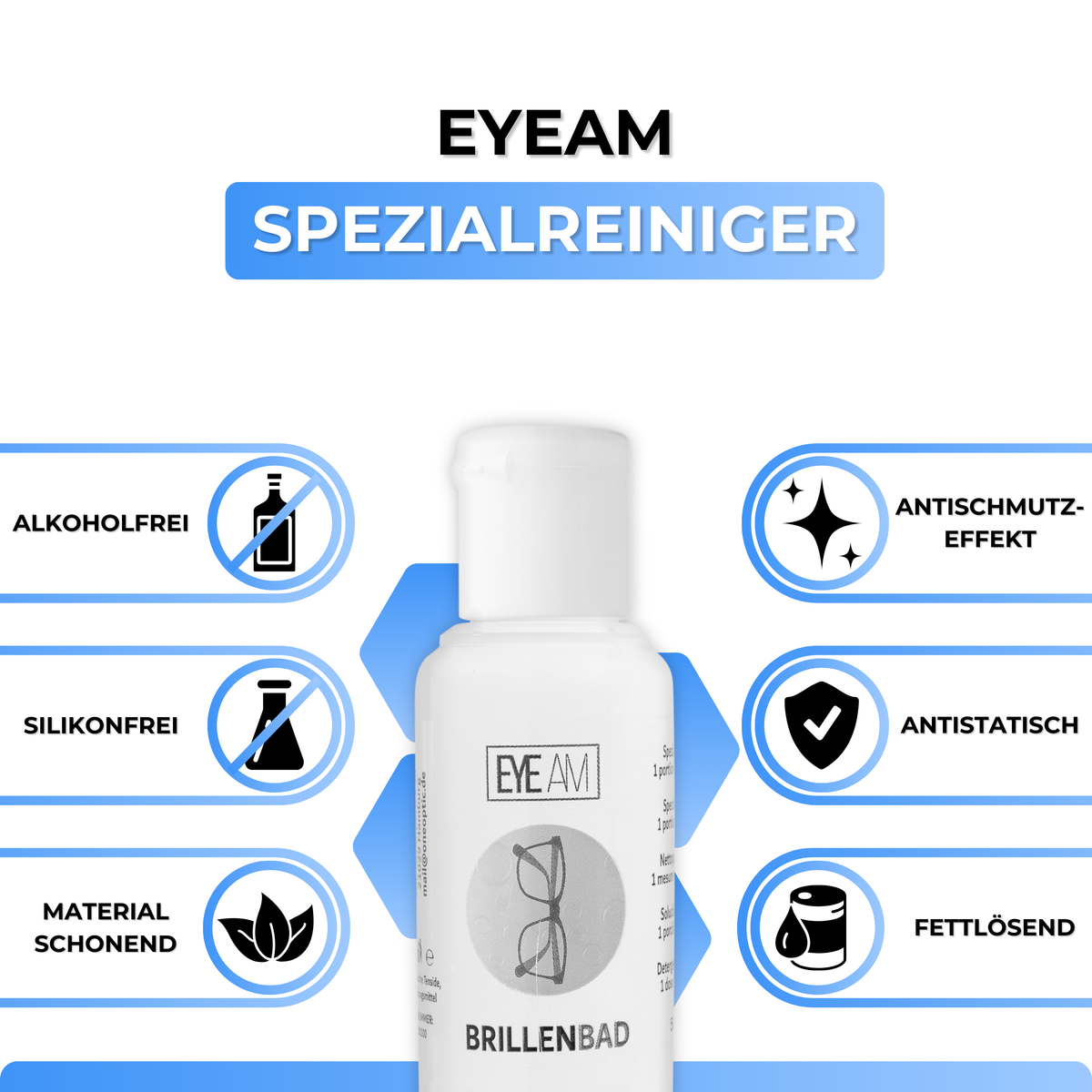 Der 50 ml Spezialreiniger aus dem EyeAm Brillenbad Set in Blau löst Fett, Staub und Fingerabdrücke von den Gläsern.