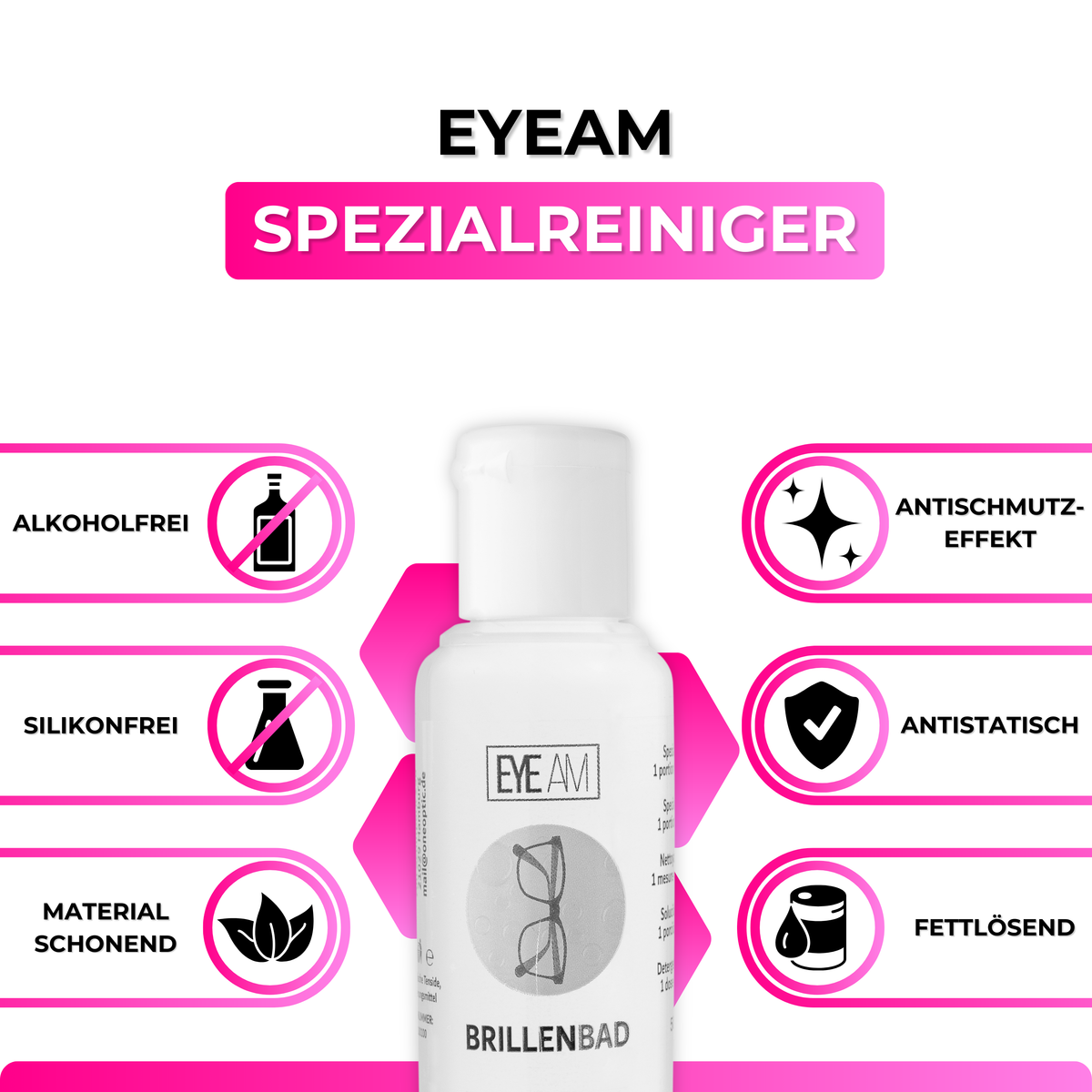 Der 50 ml Spezialreiniger aus dem EyeAm Brillenbad Set in Grau löst Fett, Staub und Fingerabdrücke von den Gläsern.