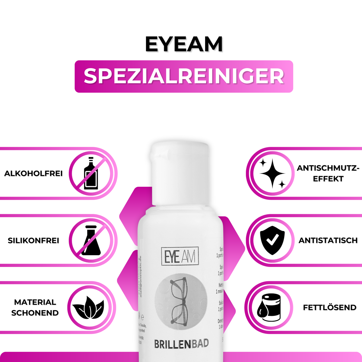 Der 50 ml Spezialreiniger aus dem EyeAm Brillenbad Set in Schwarz löst Fett, Staub und Fingerabdrücke von den Gläsern.