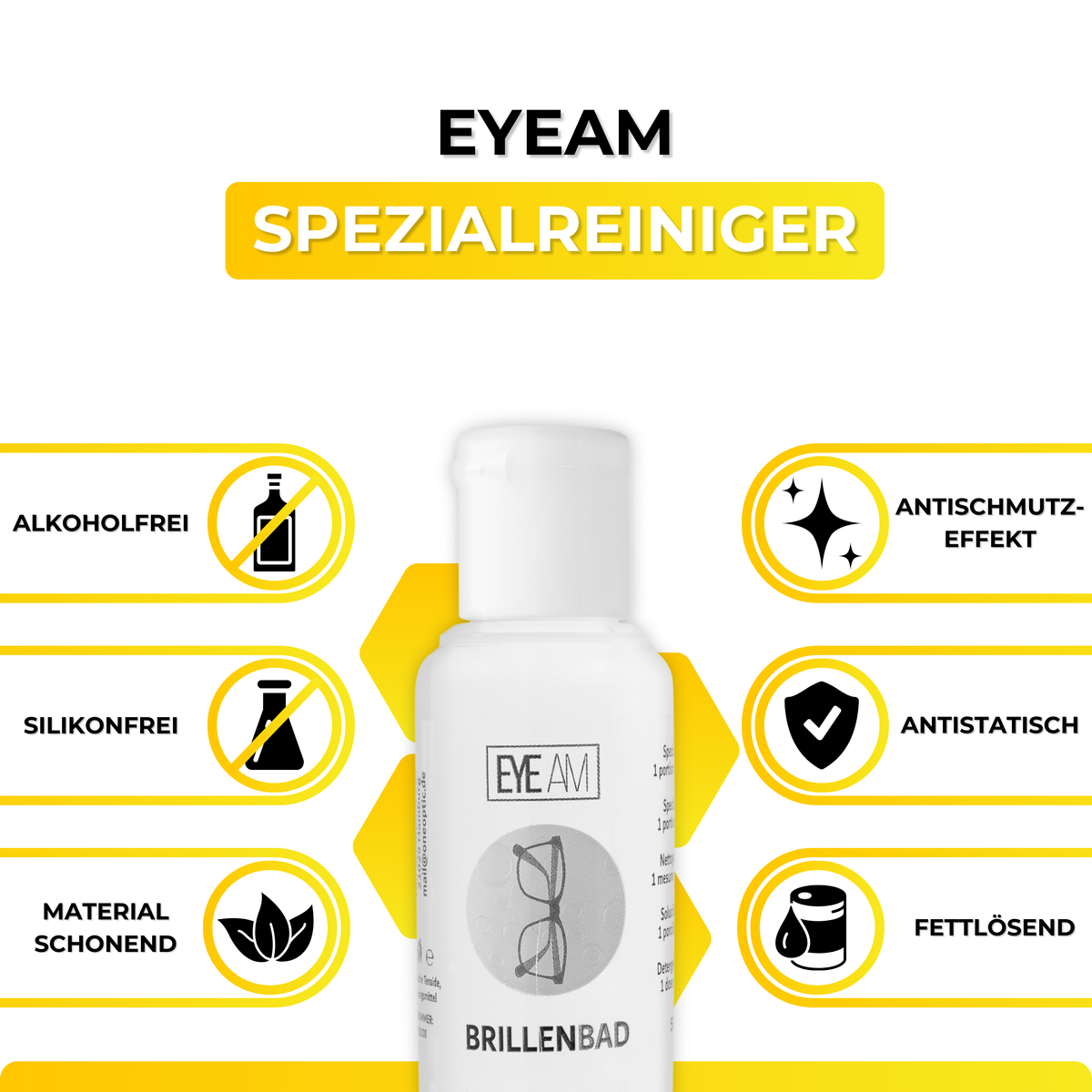 Der 50 ml Spezialreiniger aus dem EyeAm Brillenbad Set in Gelb löst Fett, Staub und Fingerabdrücke von den Gläsern.