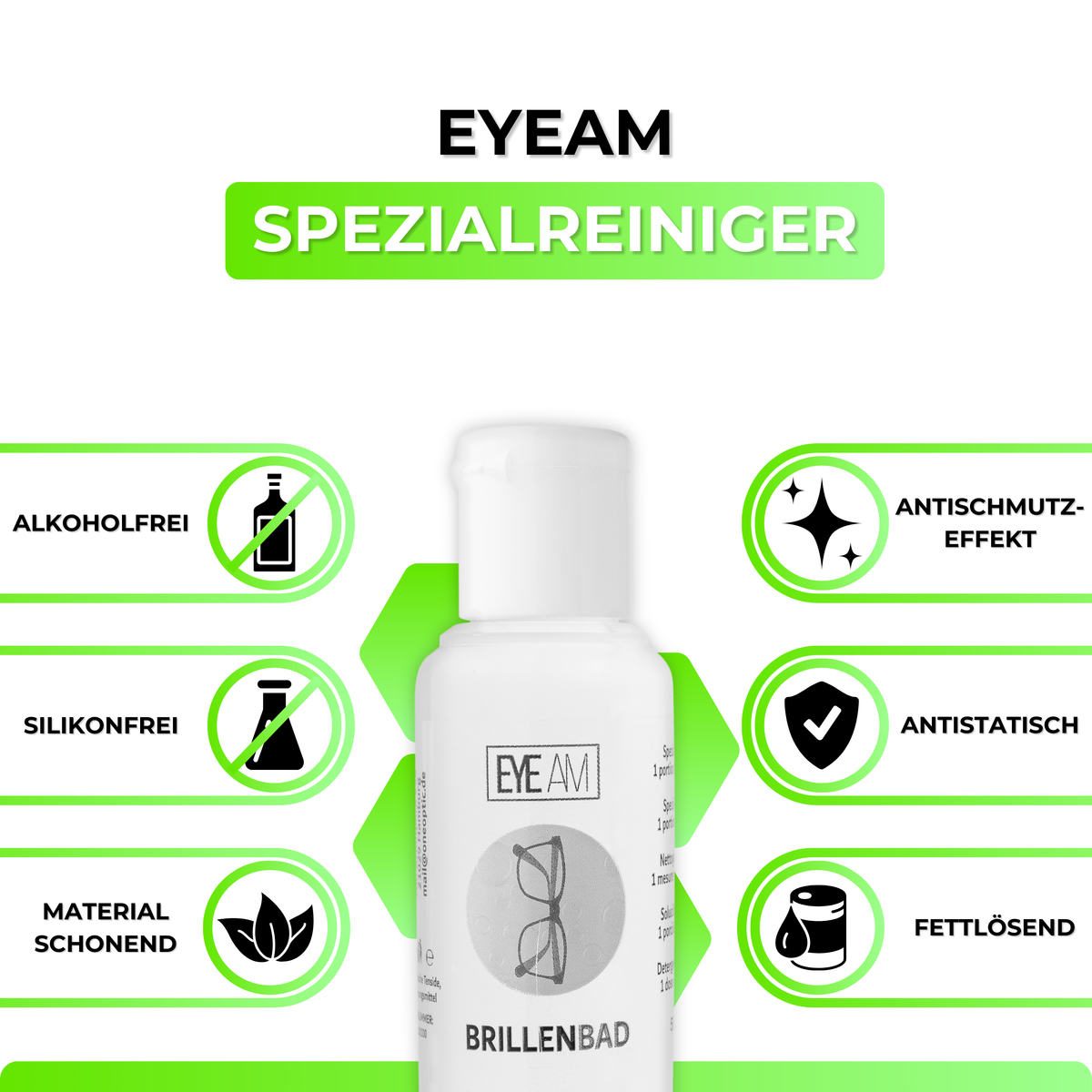 Der 50 ml Spezialreiniger aus dem EyeAm Brillenbad Set in Grün löst Fett, Staub und Fingerabdrücke von den Gläsern.