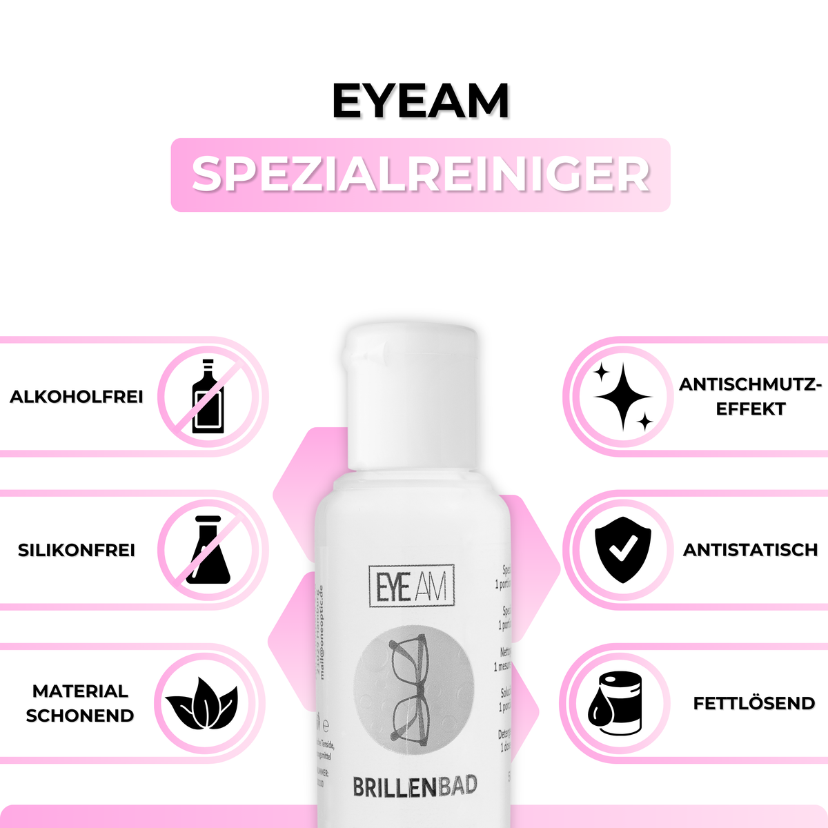 Der 50 ml Spezialreiniger aus dem EyeAm Brillenbad Set in Rosa löst Fett, Staub und Fingerabdrücke von den Gläsern.