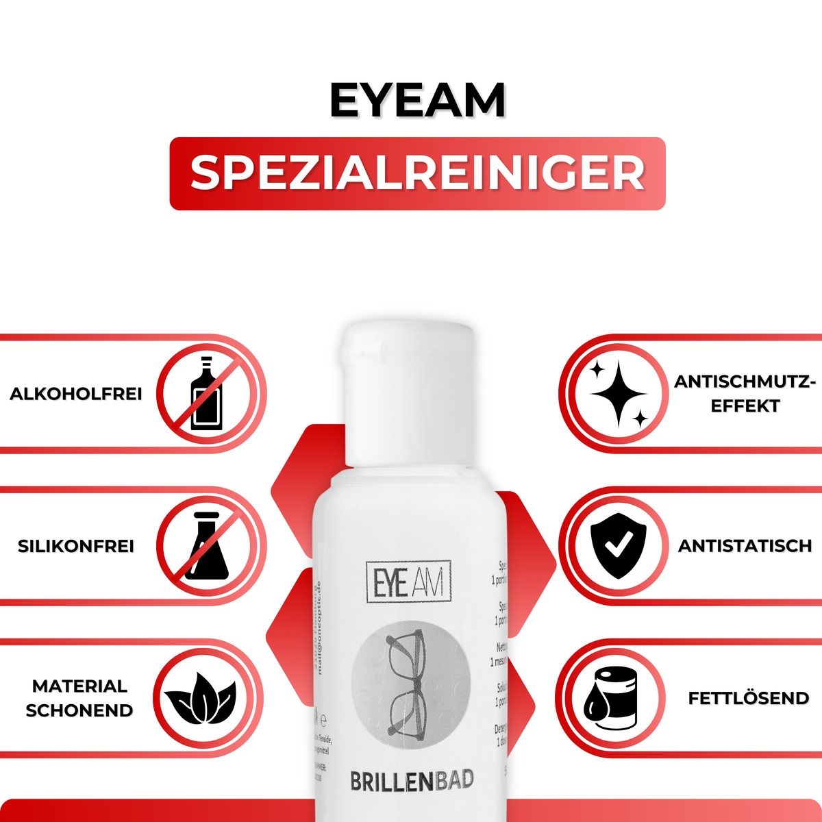 Der 50 ml Spezialreiniger aus dem EyeAm Brillenbad Set in Rot löst Fett, Staub und Fingerabdrücke von den Gläsern.
