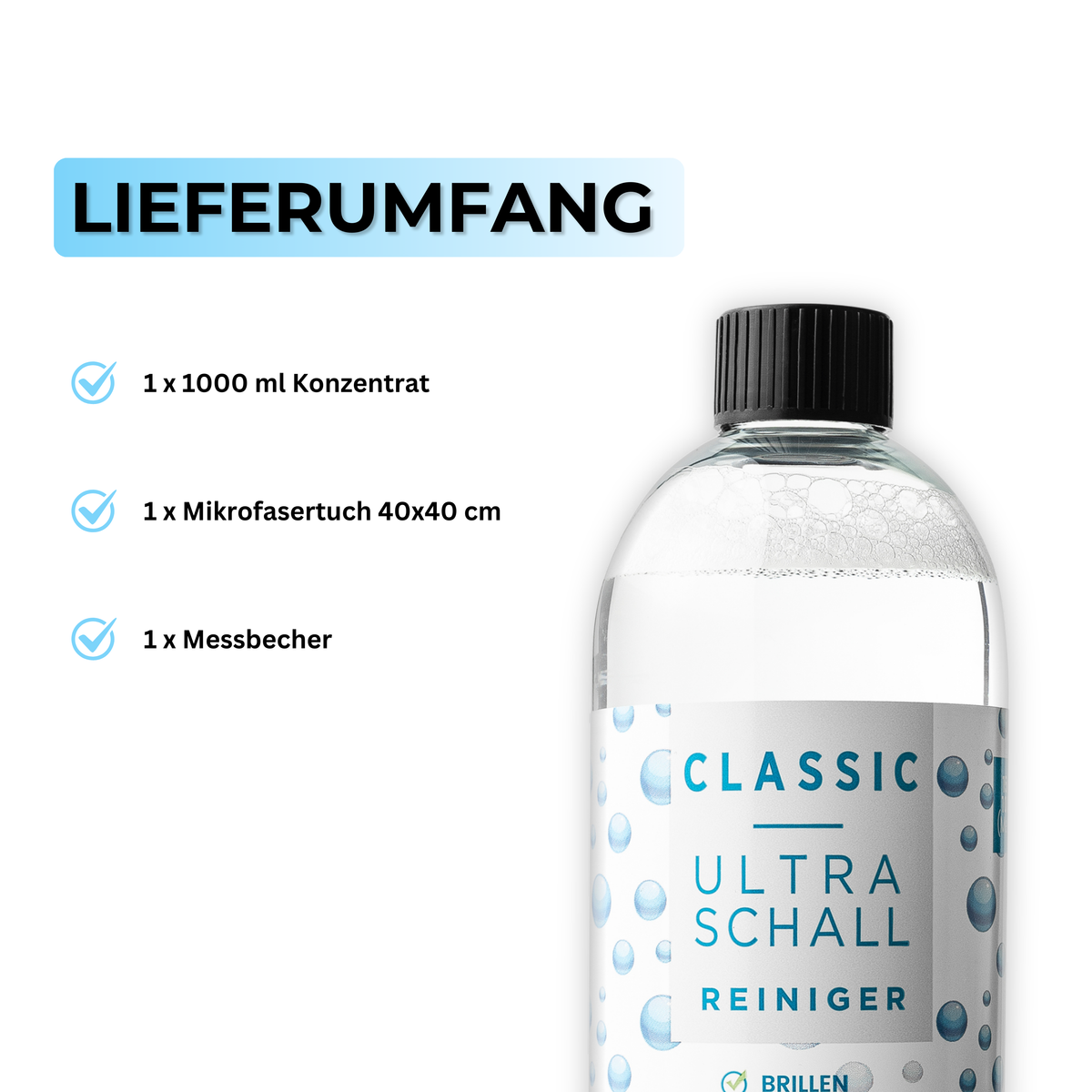Lieferumfang des EyeAm Sets: 1000 ml Konzentrat, Mikrofasertuch 40 x 40 cm und Messbecher.