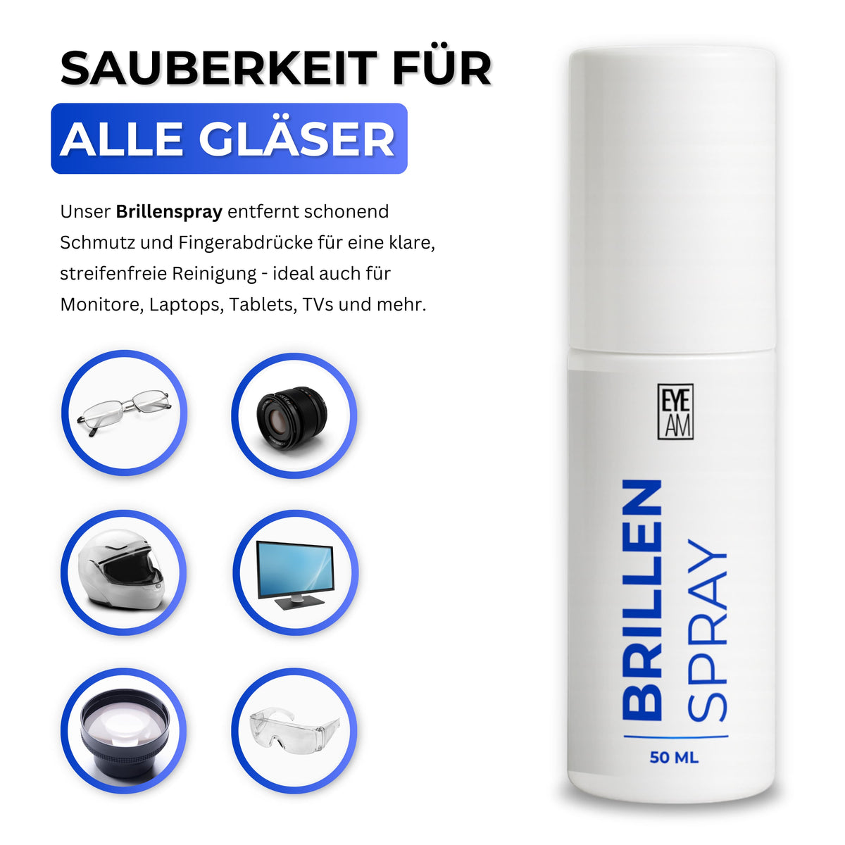 EyeAm Brillenreiniger 50ml eignet sich für Brillen, Sonnenbrillen, Gläser aus Glas und Kunststoff. Antistatisch, streifenfrei und schnell anzuwenden, optimal für Optiker und Premium-Kundenservice.