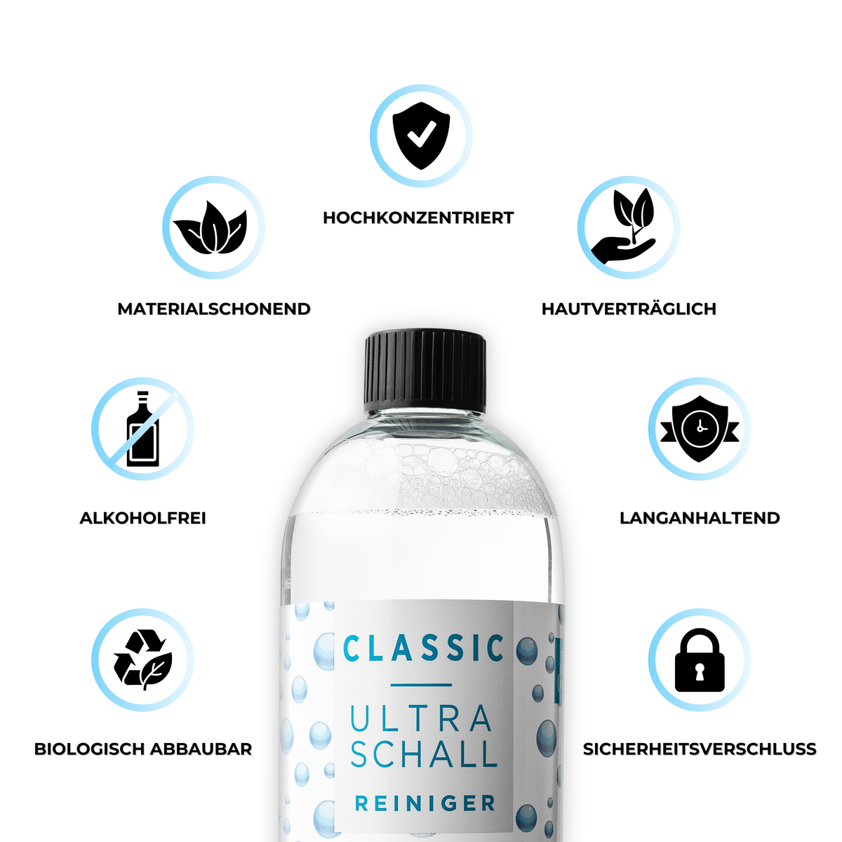 Icons zu den Eigenschaften des EyeAm Ultraschallreinigers: alkoholfrei, hautfreundlich, kompatibel mit allen Geräten, für Brillen, Schmuck und Uhren.