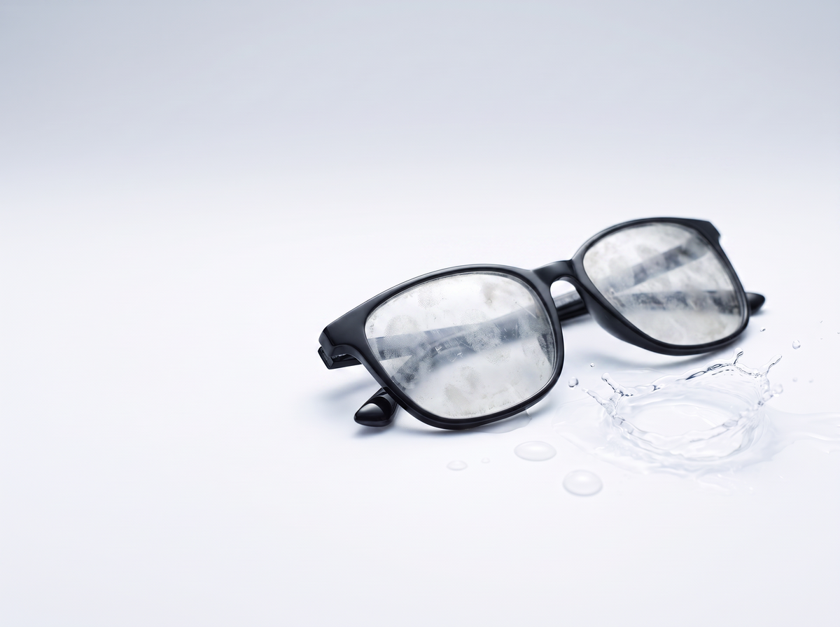 Brille mit verschmierten Gläsern vor der Reinigung